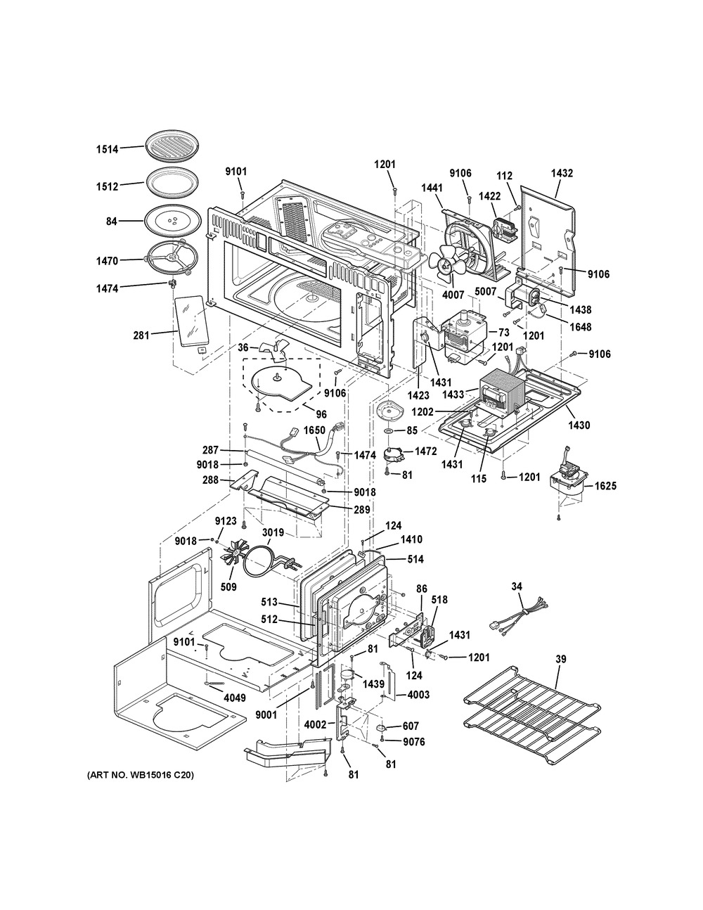 Interior Parts (!) Diagram and Parts List for PSA9240SF6SS  General Electric Microwave Oven Combo