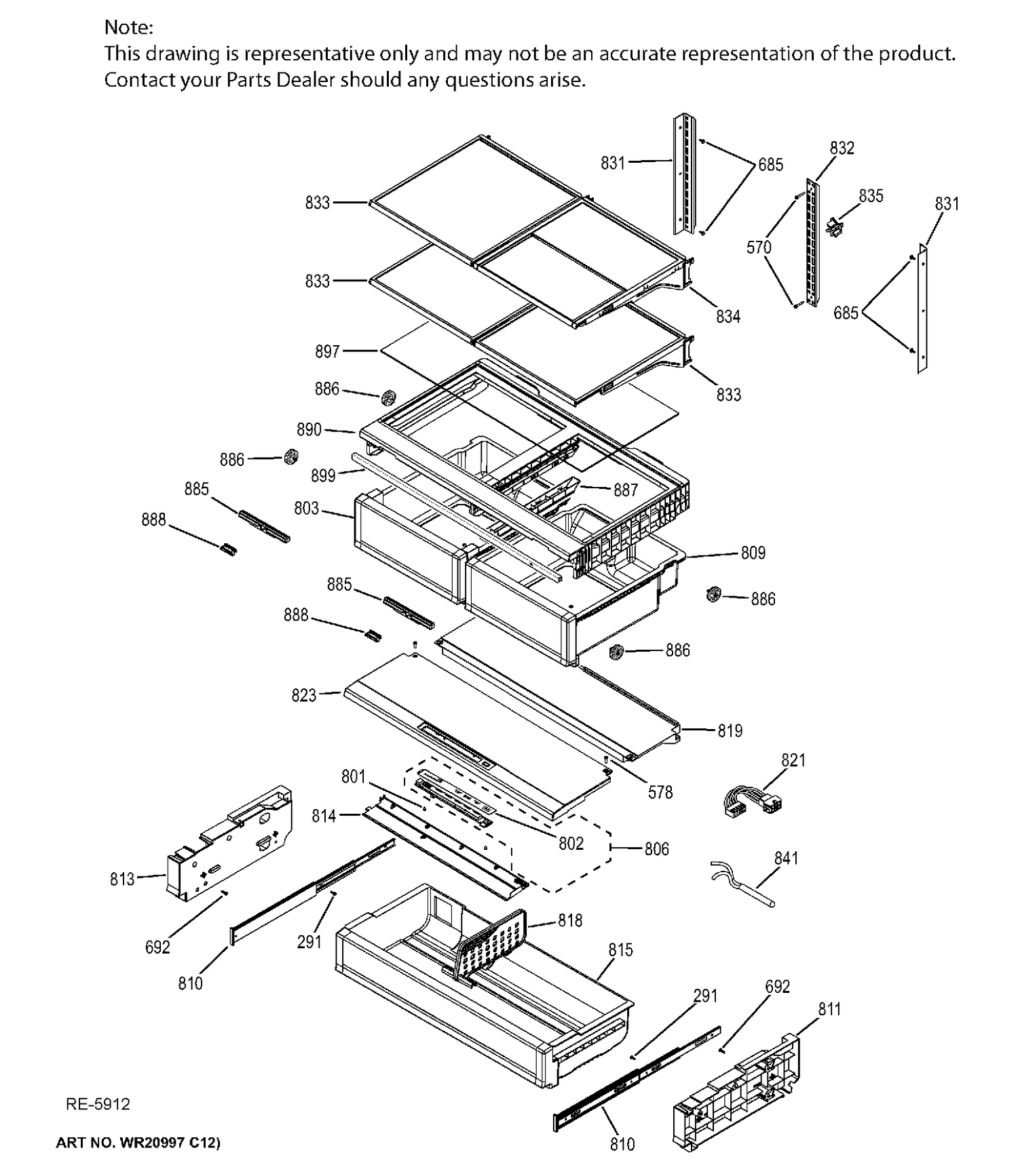 FF SHELVES Diagram and Parts List for PWE23KMDDES  General Electric Refrigerator