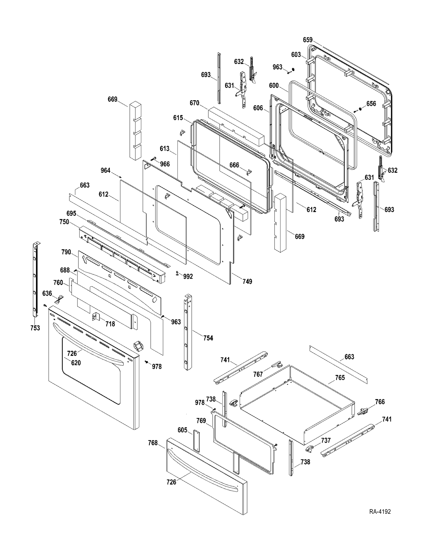 DOOR-DRAWER Diagram and Parts List for JCBP800ST1SS  General Electric Range