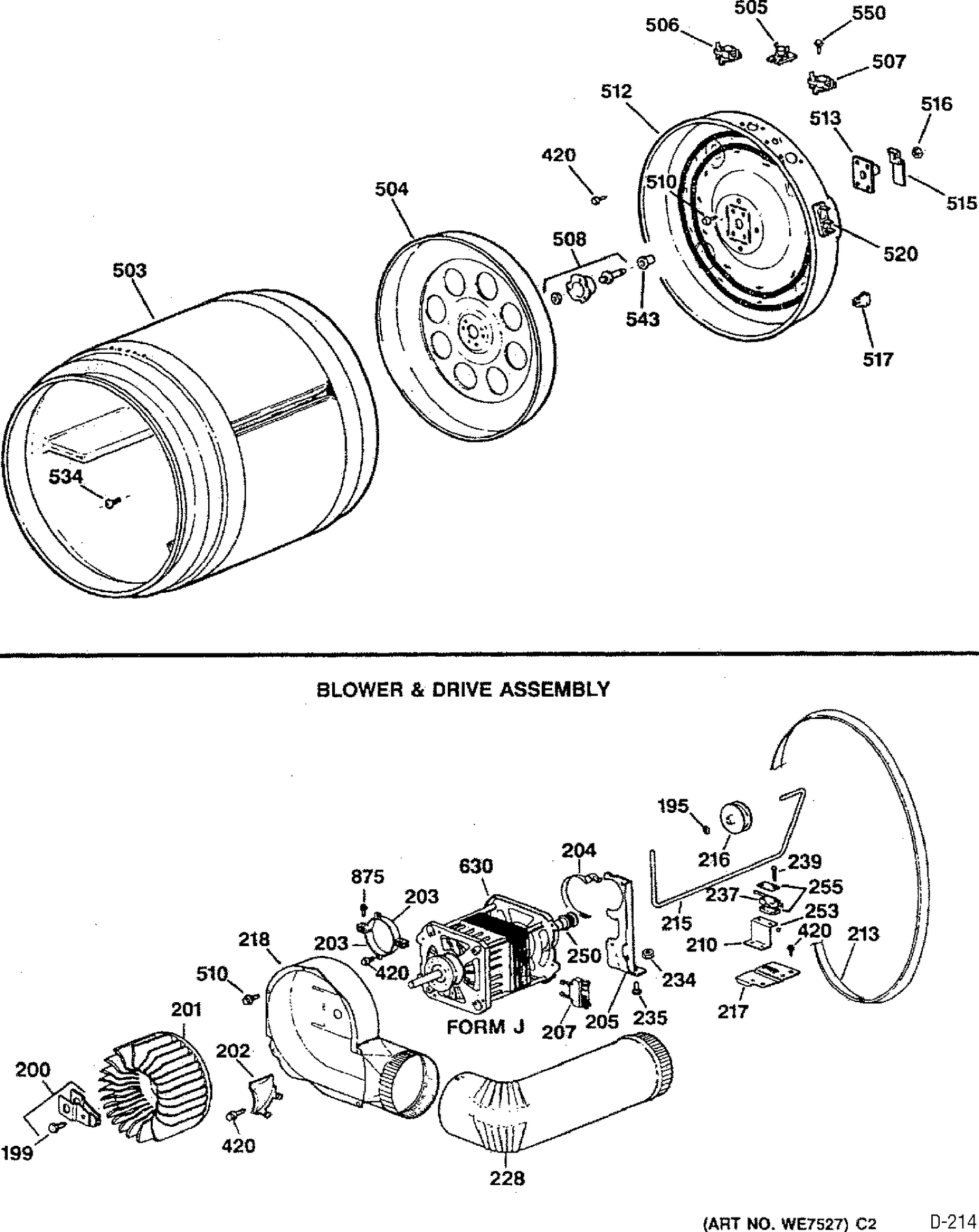 DRUM & HEATER/BLOWER AND DRIVE Diagram and Parts List for DRY3000SBLWH  General Electric Dryer