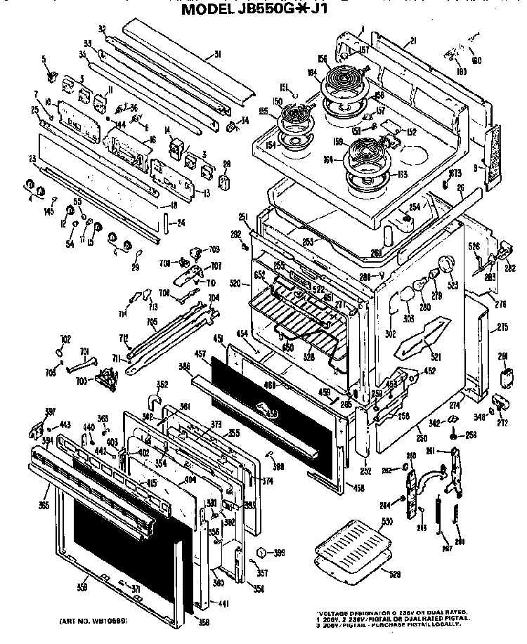 Main Body/cooktop/controls Diagram and Parts List for JB550G*J1  General Electric Range