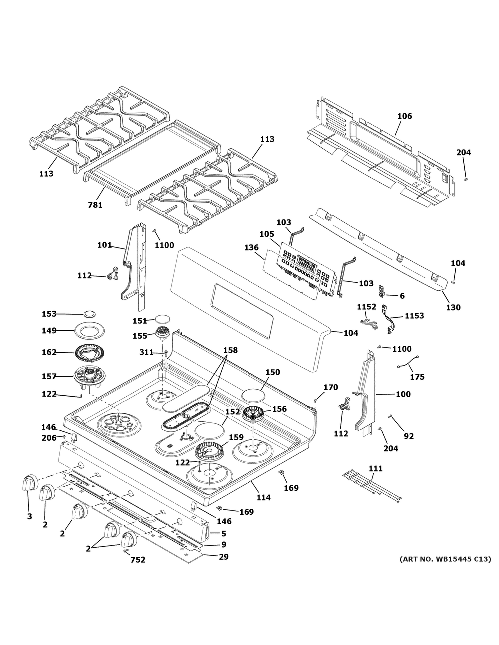 Control Panel And Cooktop Diagram and Parts List for PGB965BP3TS  General Electric Range