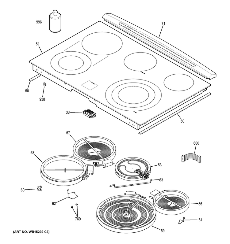 Cooktop Diagram and Parts List for PS950EF1ES  General Electric Range
