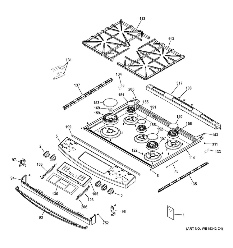 Control Panel & Cooktop Diagram and Parts List for JGS750EEF1ES  General Electric Range