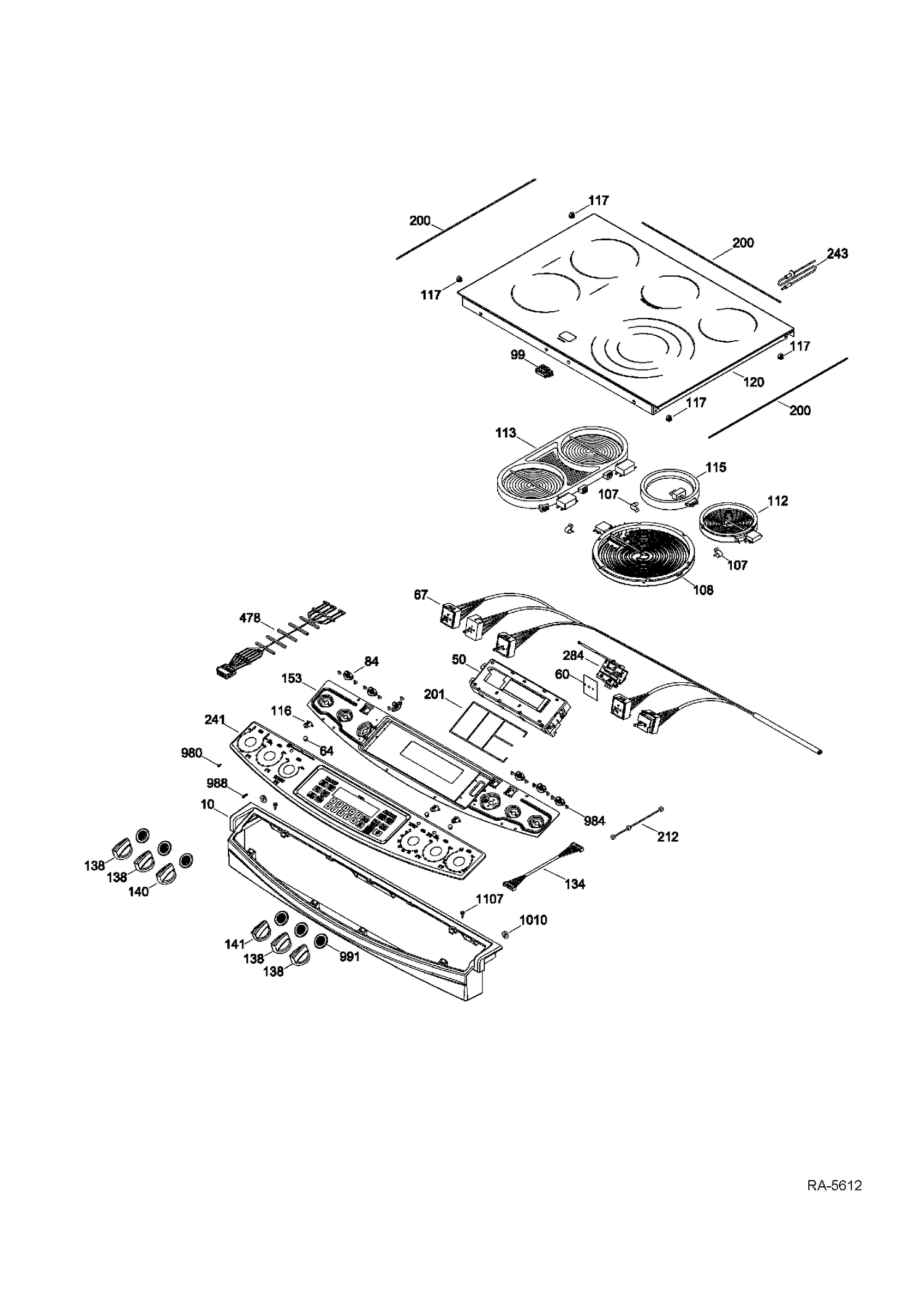 CONTROL PANEL & COOKTOP Diagram and Parts List for PCS940SF1SS  General Electric Range