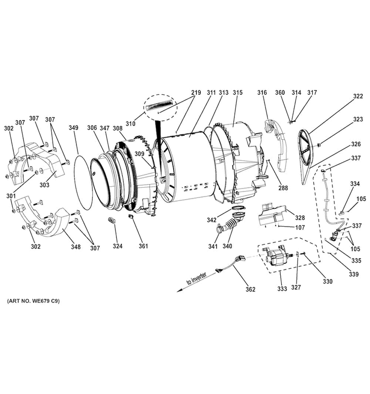 Tub & Motor Diagram and Parts List for GFWN1100D1WW  General Electric Washer