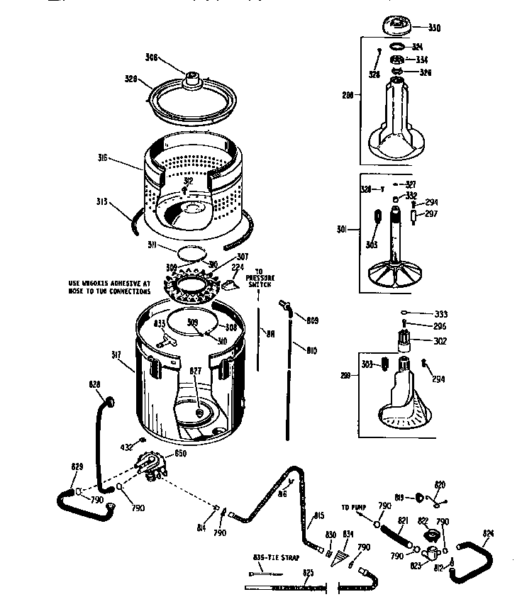 Tub, Basket And Agitator Diagram and Parts List for WWA9835SALWW  General Electric Washer