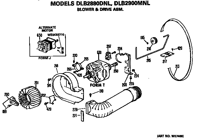 Blower And Drive Assembly Diagram and Parts List for DLB2880DNL  Hotpoint Dryer