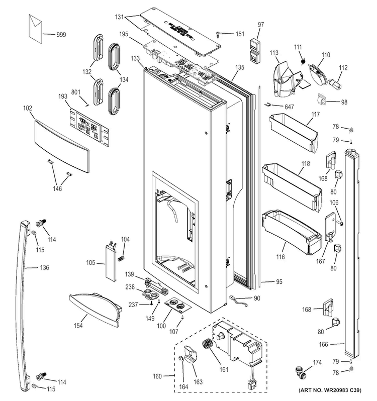 Dispenser Door Diagram and Parts List for GYE22KSHBSS  General Electric Refrigerator
