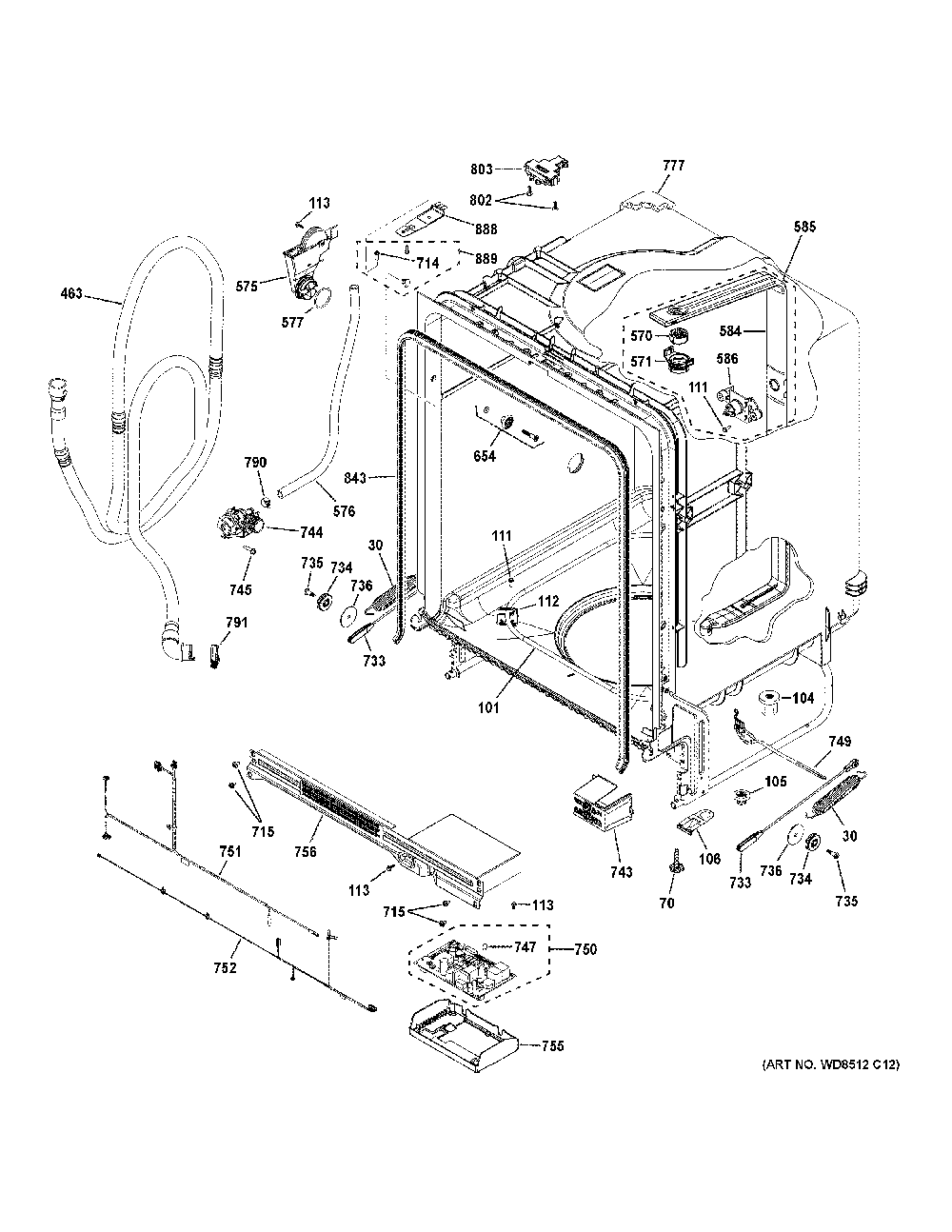 Body Parts Diagram and Parts List for GDT550PGR3WW  General Electric Dishwasher