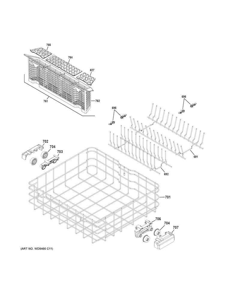 Lower Rack Assembly Diagram and Parts List for GDF570SGF4CC  General Electric Dishwasher