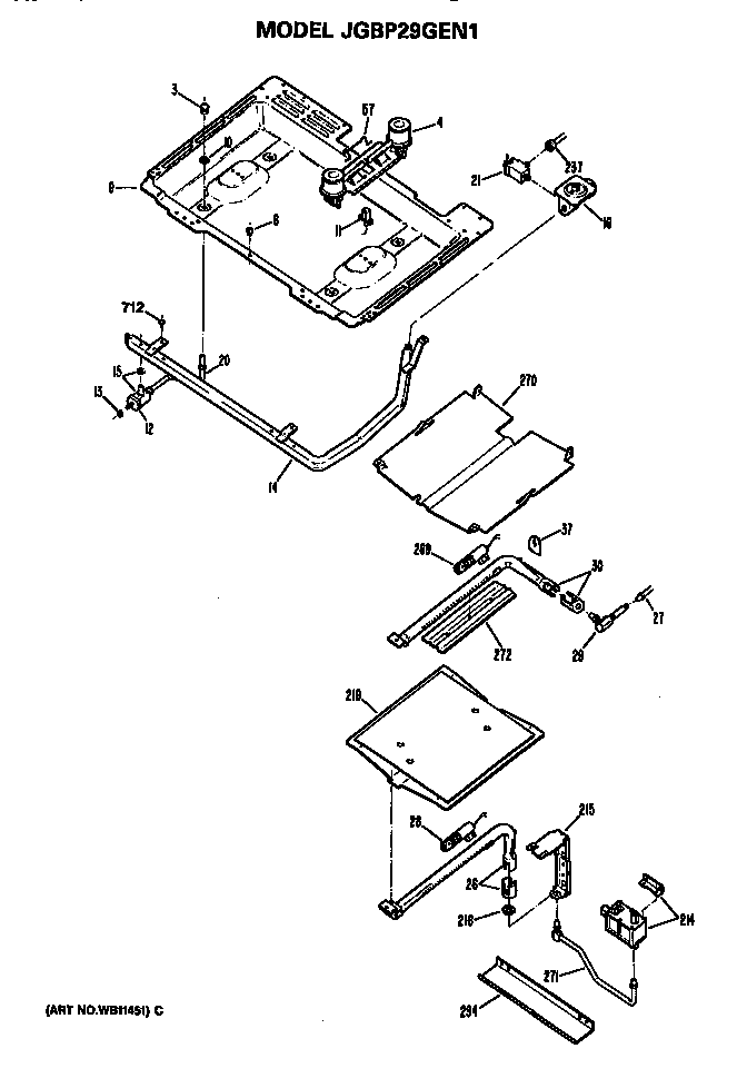 Burner Assembly Diagram and Parts List for JGBP29GEN1  General Electric Range