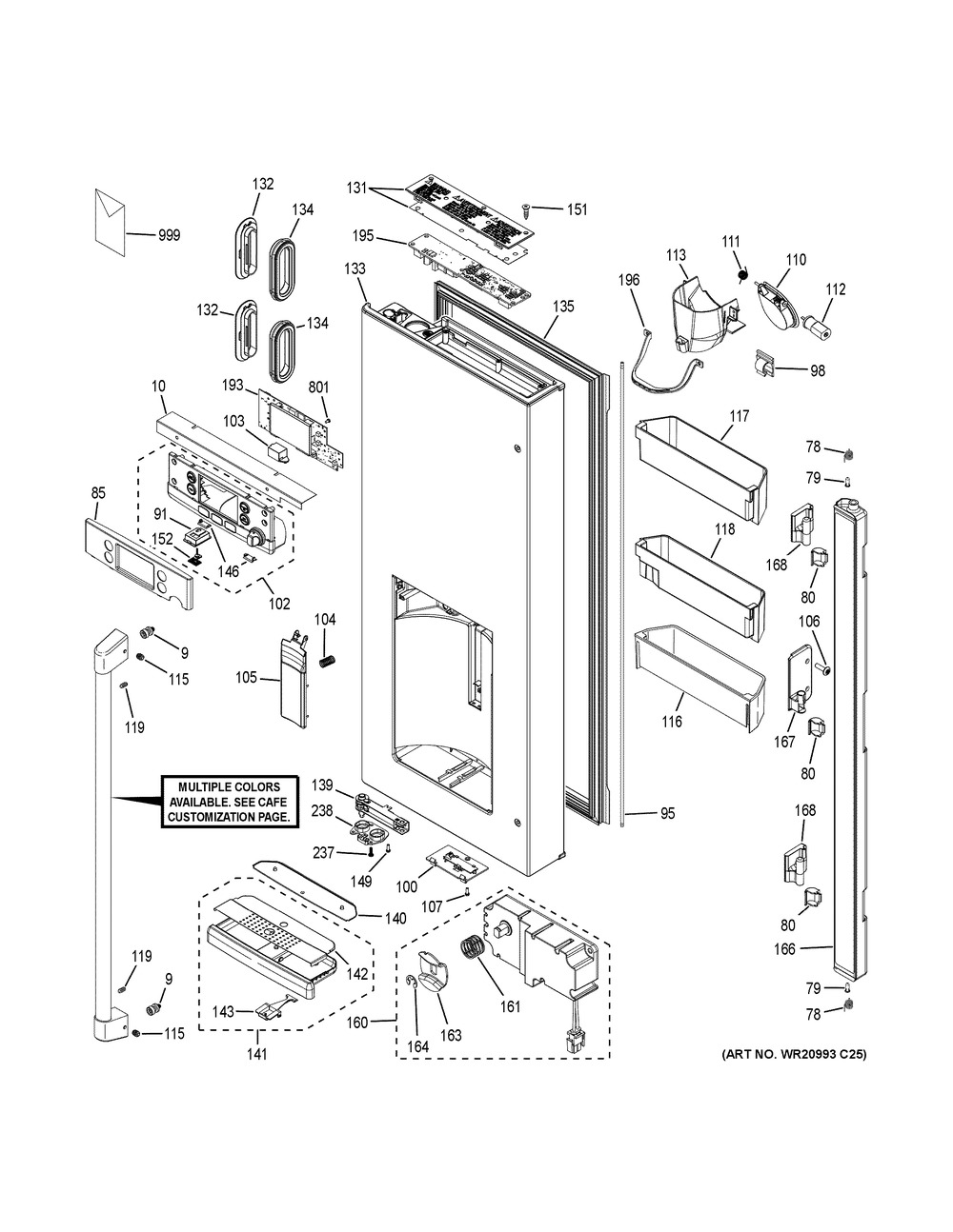 Dispenser Door Diagram and Parts List for CFE28TP3MCD1  General Electric Refrigerator