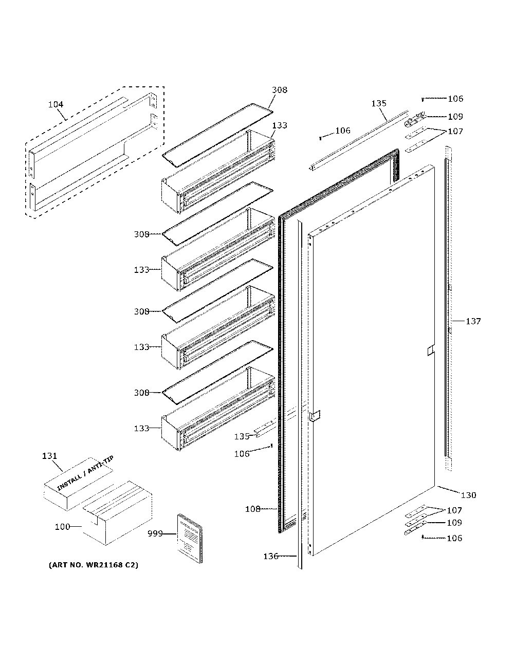 Door Diagram and Parts List for ZIR301NPPBII  General Electric Refrigerator