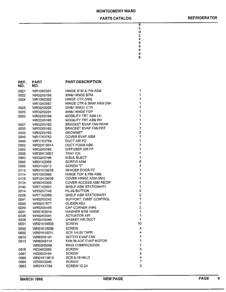 Cabinet Page 2 Diagram and Parts List for SIG140060B  General Electric Refrigerator