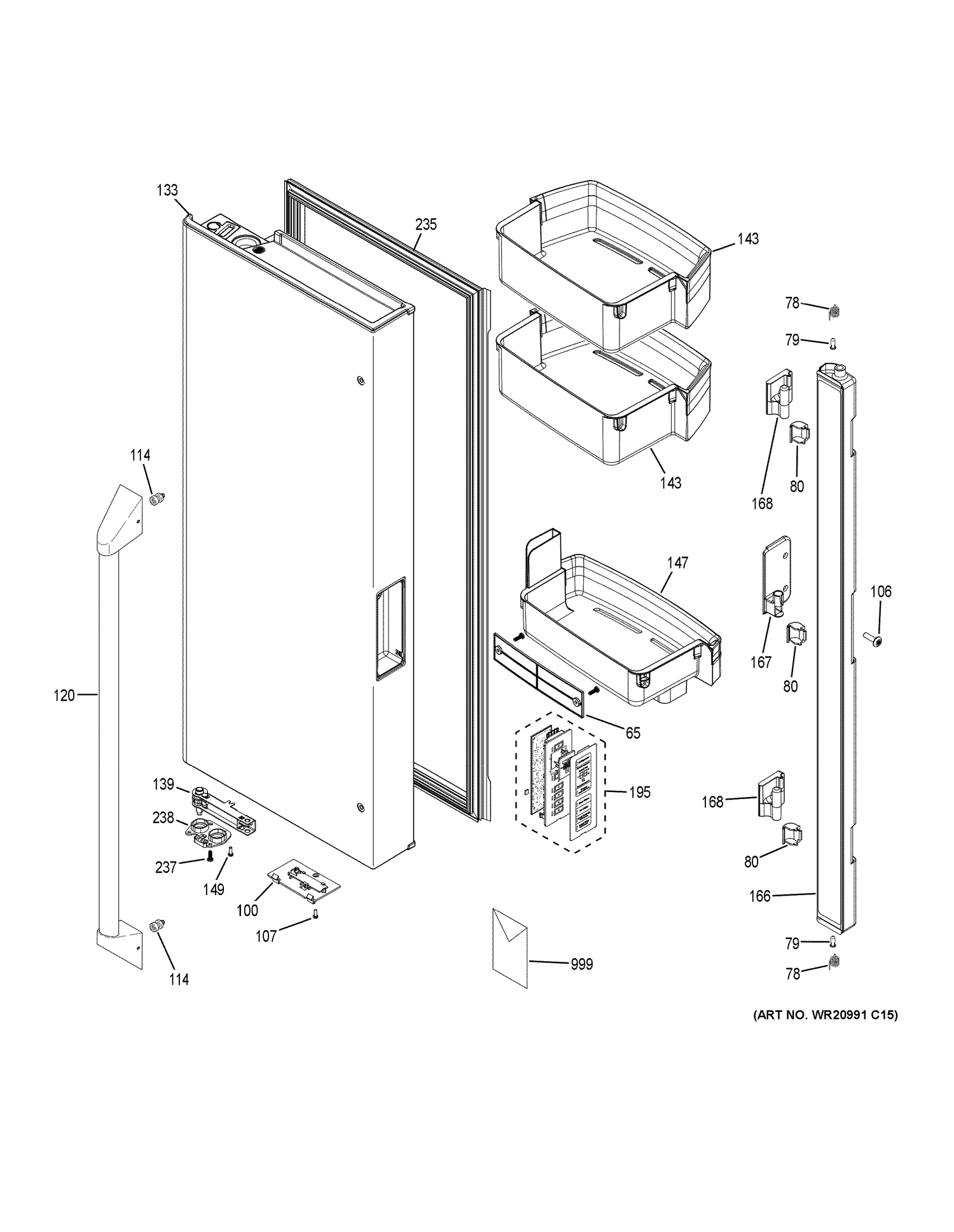 FRESH FOOD DOOR - LH Diagram and Parts List for ZWE23PSHNSS  General Electric Refrigerator
