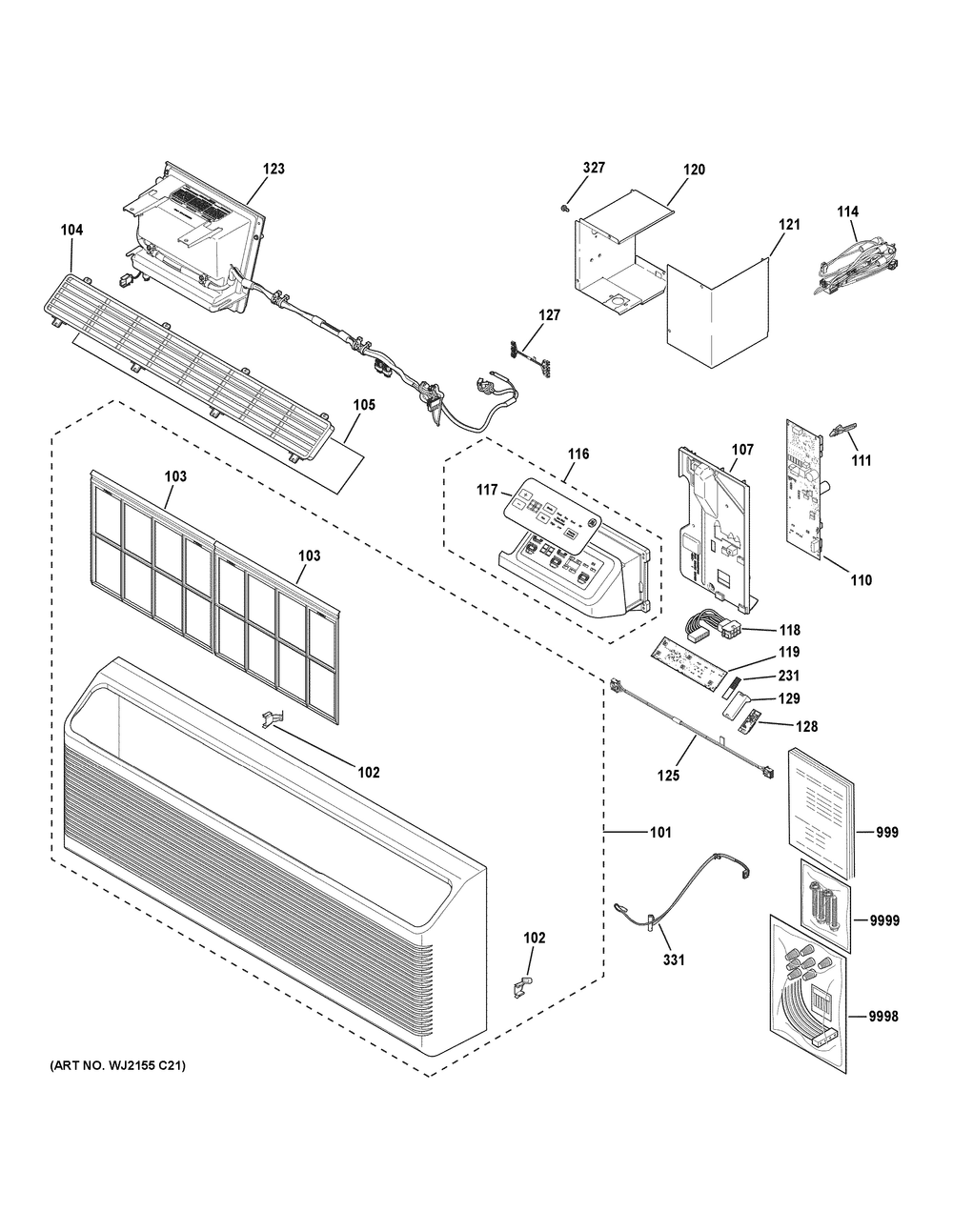 Grille And Control Parts Diagram and Parts List for AZVS15EMXWAK1  General Electric Air Conditioner