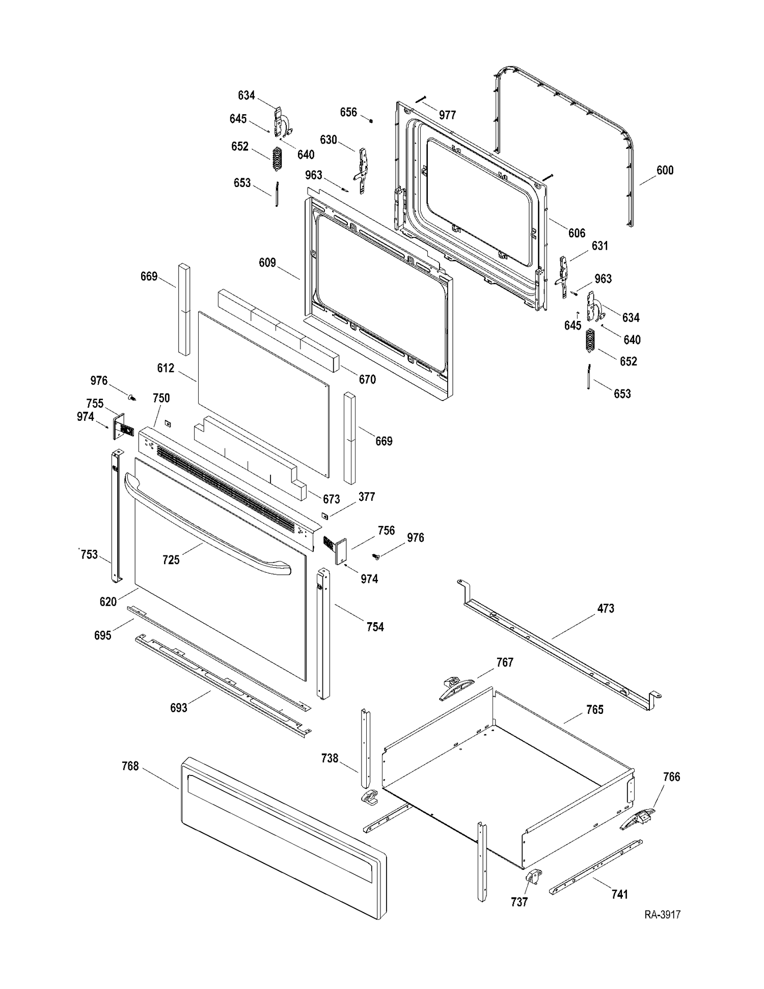 DOOR-DRAWER Diagram and Parts List for JCBS35DM2WW  General Electric Range