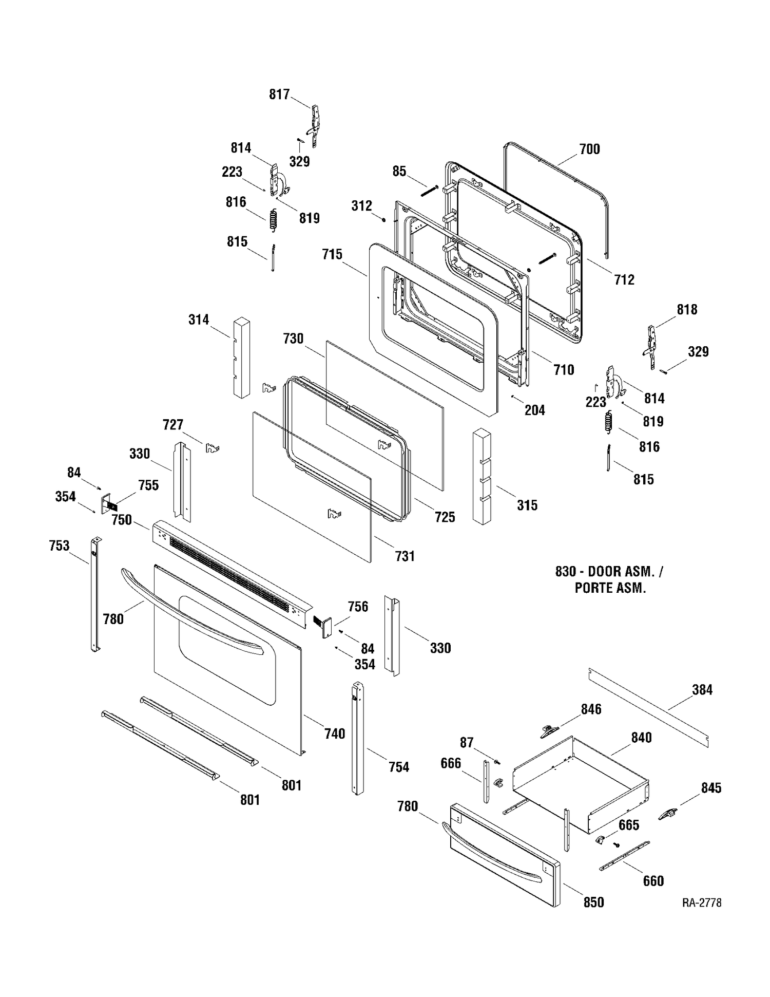 DOOR & DRAWER Diagram and Parts List for BCB61SM1SS  General Electric Range
