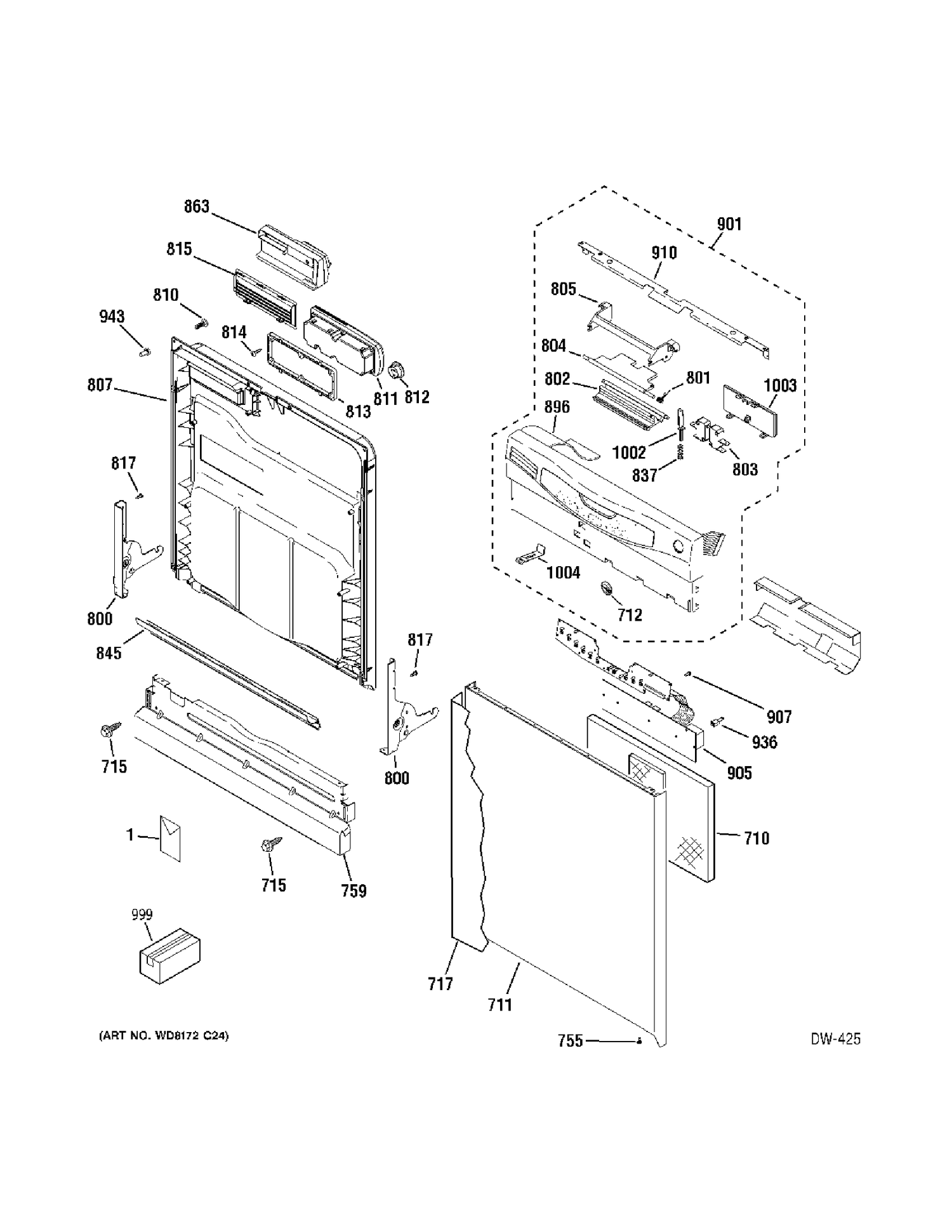 DOOR & CONTROLS Diagram and Parts List for 4070610  General Electric Dishwasher