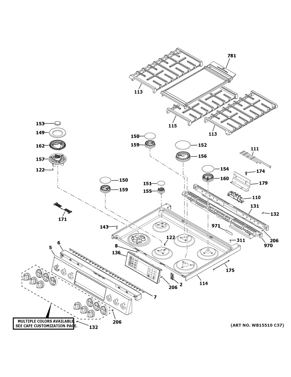 Control Panel & Cooktop Diagram and Parts List for CGS700P4M2W2  General Electric Range