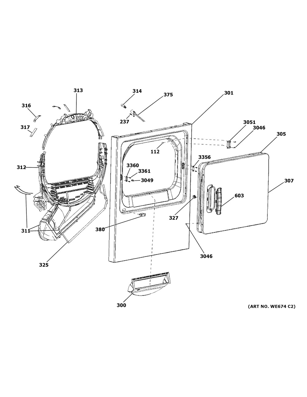 Front Panel & Door Diagram and Parts List for GTDP490ED4WS  General Electric Dryer
