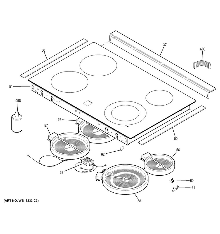 Cooktop Diagram and Parts List for JD630DF5WW  General Electric Range