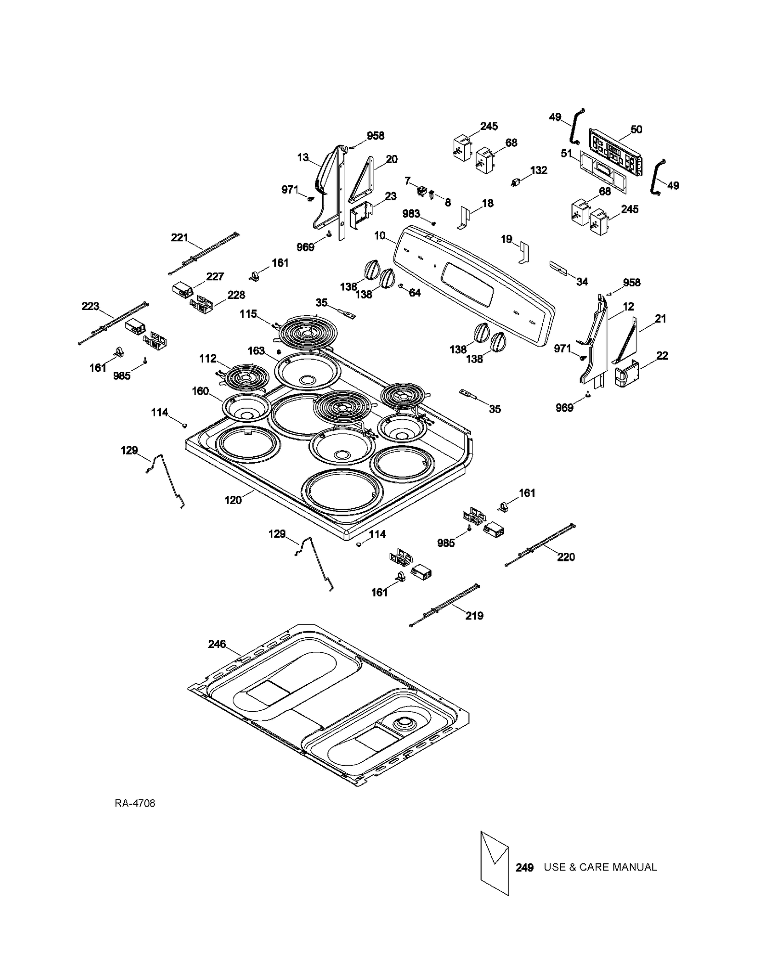 CONTROLS & COOKTOP Diagram and Parts List for JCBS250DT1WW  General Electric Range