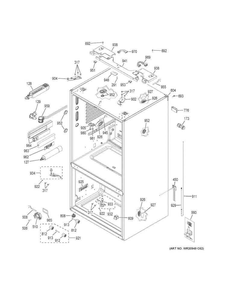 Case Parts Diagram and Parts List for GYE22HMKBES  General Electric Refrigerator