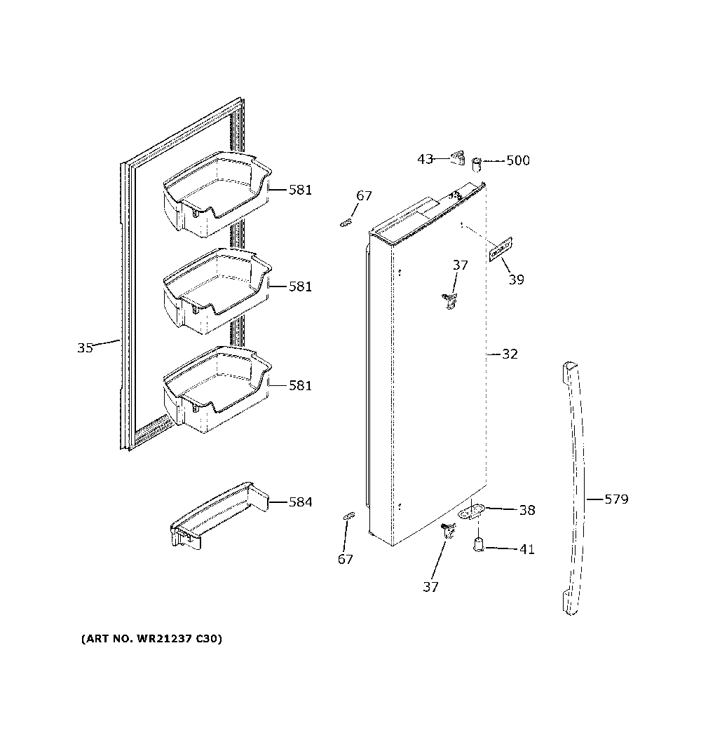 Fresh food door - rh Diagram and Parts List for XFE26JSMNFSS  General Electric Refrigerator
