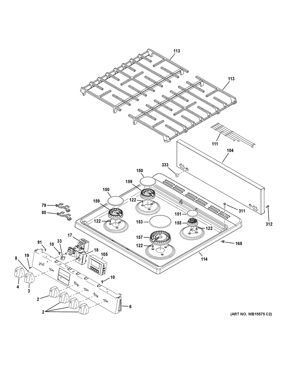 Control Panel & Cooktop Diagram and Parts List for QGAS740RM1SS  General Electric Range