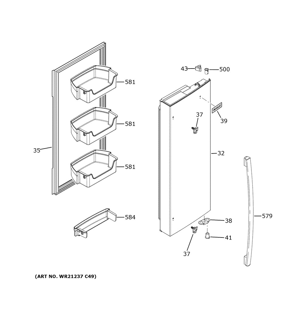 Fresh Food Door - Rh Diagram and Parts List for XFE26JSMWFSS  General Electric Refrigerator
