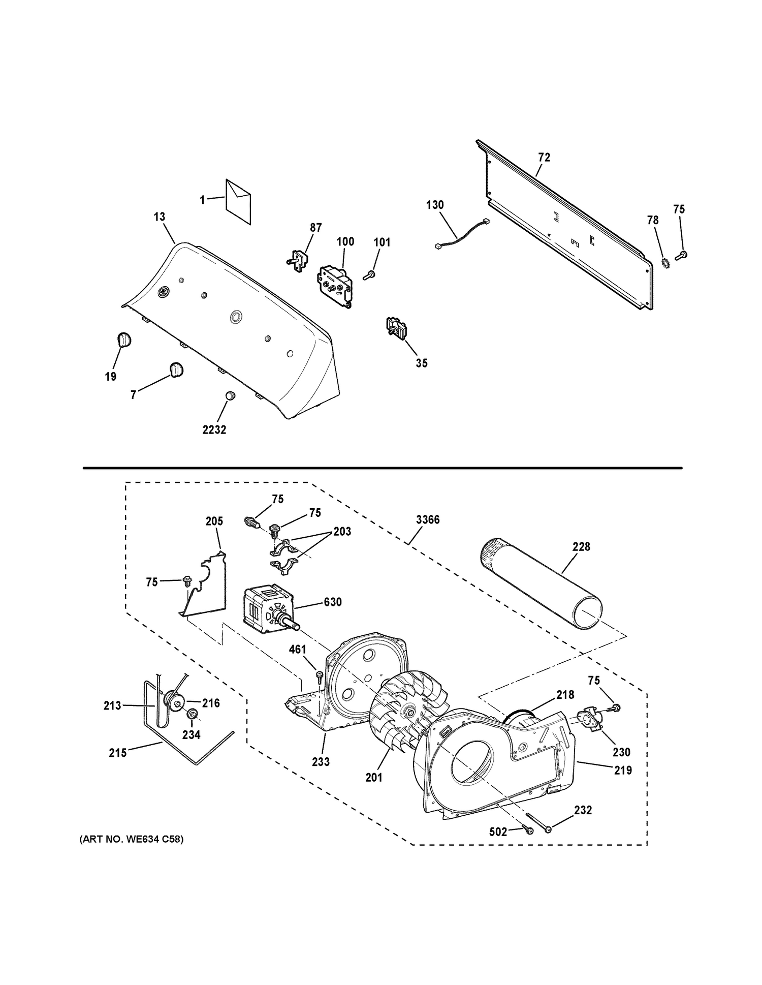 BACKSPLASH, BLOWER & MOTOR ASSEMBLY Diagram and Parts List for HTX24GASK0WS  General Electric Dryer
