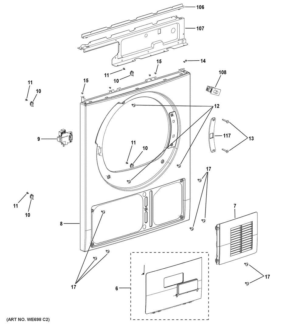 Front Panel Diagram and Parts List for GFT14ESSM1WW  General Electric Dryer