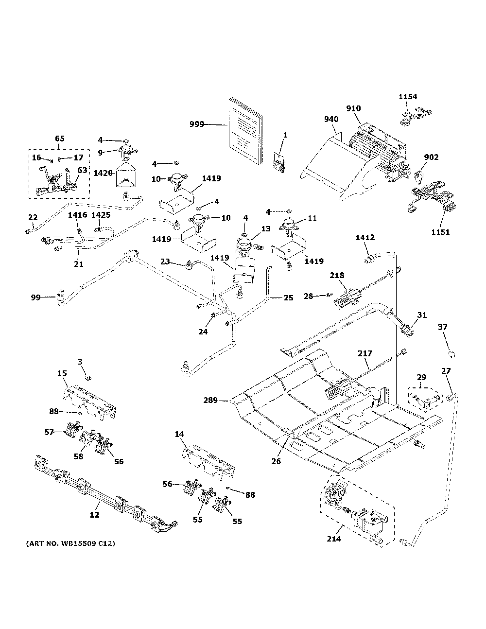 Gas And Burner Parts Diagram and Parts List for CGS700P4M3W2  General Electric Range