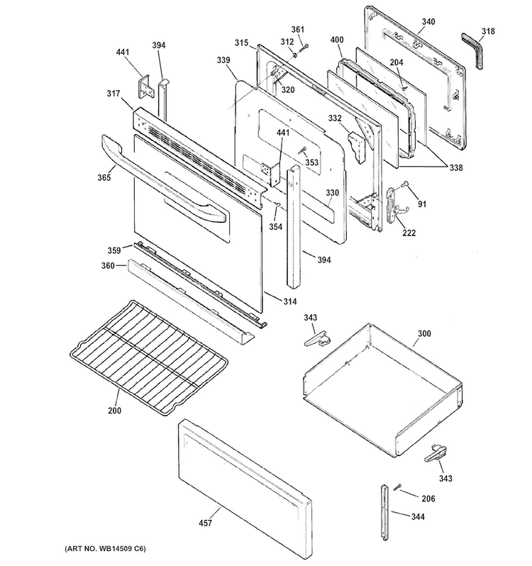 Door & Drawer Parts Diagram and Parts List for JB255DJ1WW  General Electric Range