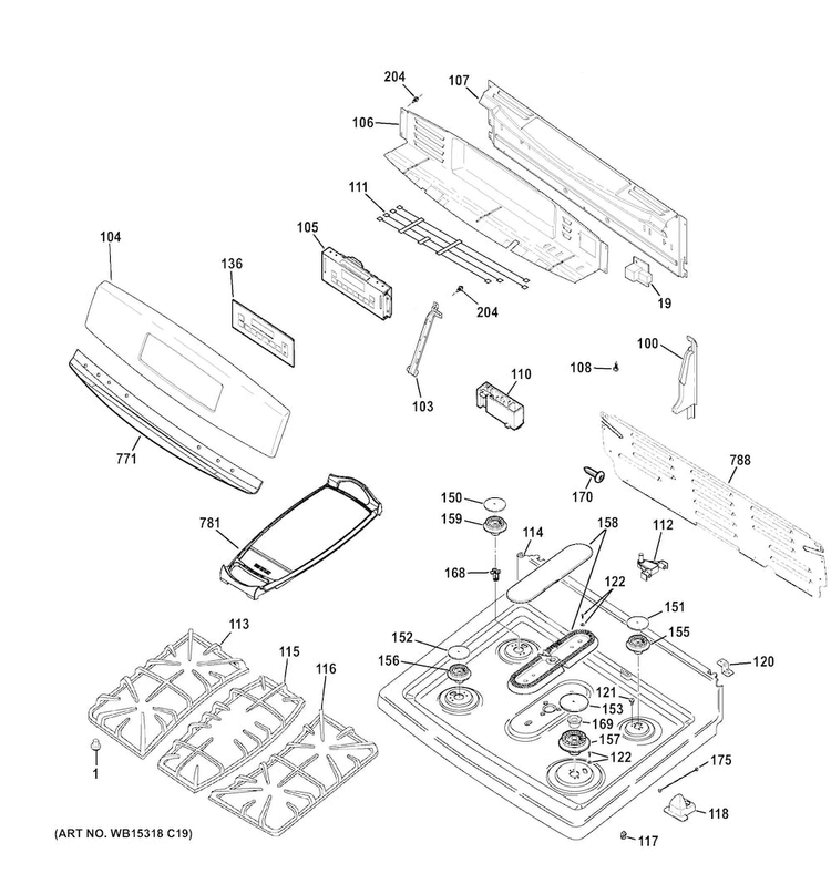 Control Panel & Cooktop Diagram and Parts List for JGB760EEF2ES  General Electric Range