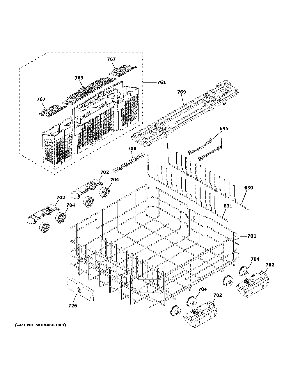 Lower rack assembly Diagram and Parts List for DDT700SBN3TS  General Electric Dishwasher