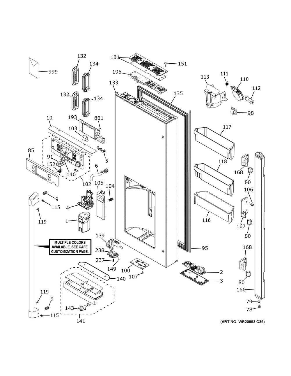 Dispenser Door Diagram and Parts List for CFE28UP2MLS1  General Electric Refrigerator