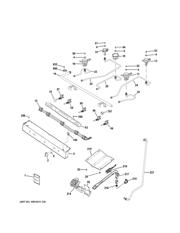Gas & Burner Parts Diagram and Parts List for JGBS66EEK1ES  General Electric Range