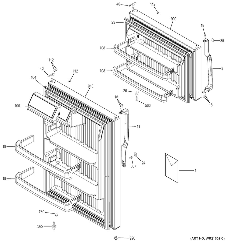 Doors Diagram and Parts List for GTH16DBEFRWW  General Electric Refrigerator