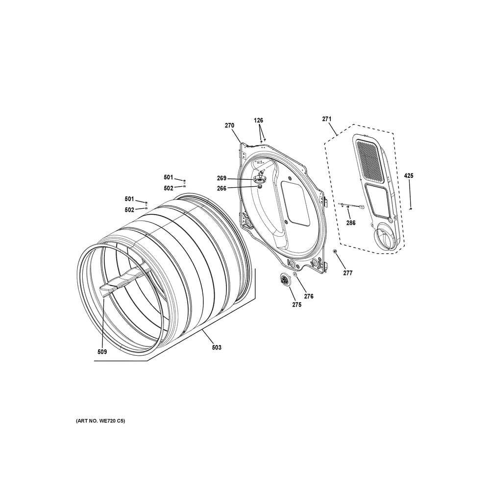 Drum Diagram and Parts List for PFD87ESMV0RS  General Electric Dryer