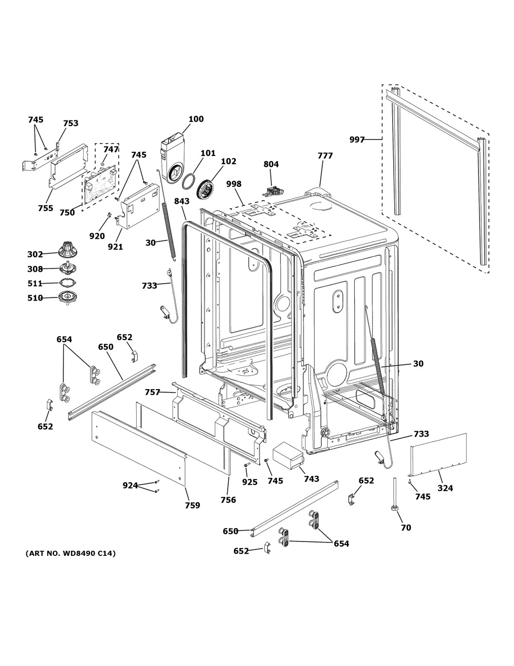 Body Parts Diagram and Parts List for GDT225SGL2WW  General Electric Dishwasher