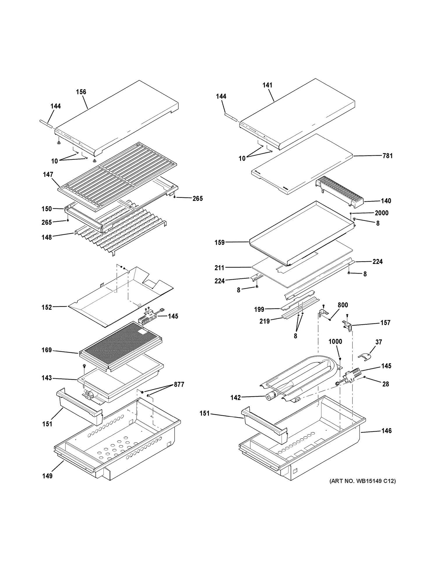 GRILL & GRIDDLE ASSEMBLY Diagram and Parts List for ZGP484NGR4SS  General Electric Range