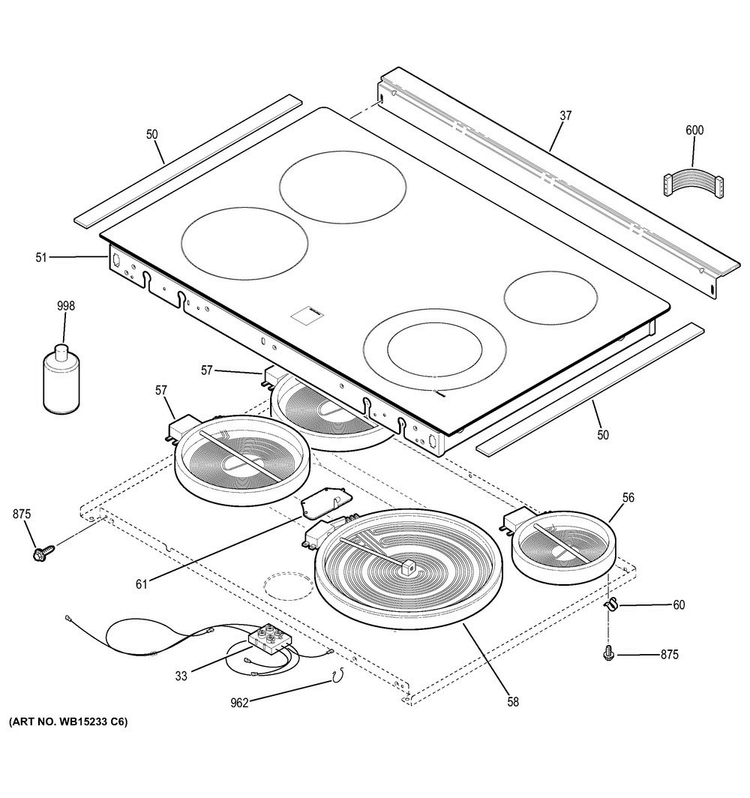 Cooktop Diagram and Parts List for JS630DF3CC  General Electric Range