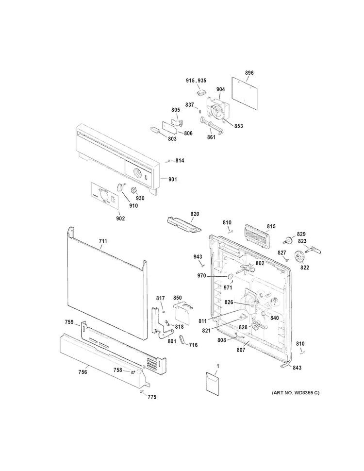 Escutcheon & Door Assembly Diagram and Parts List for HDA2100H35CC  Hotpoint Dishwasher