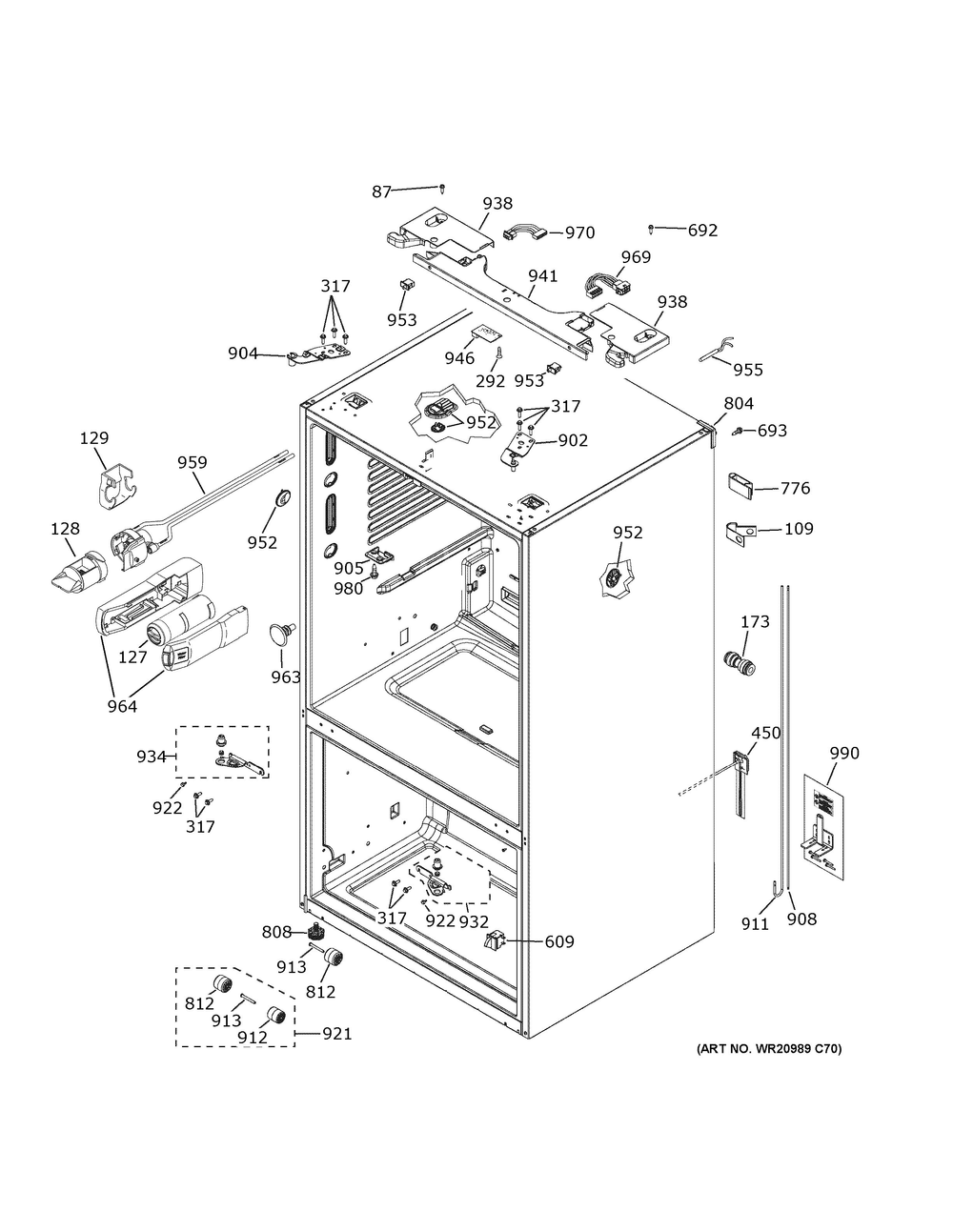Case Parts Diagram and Parts List for GWE23GYNIFS  General Electric Refrigerator