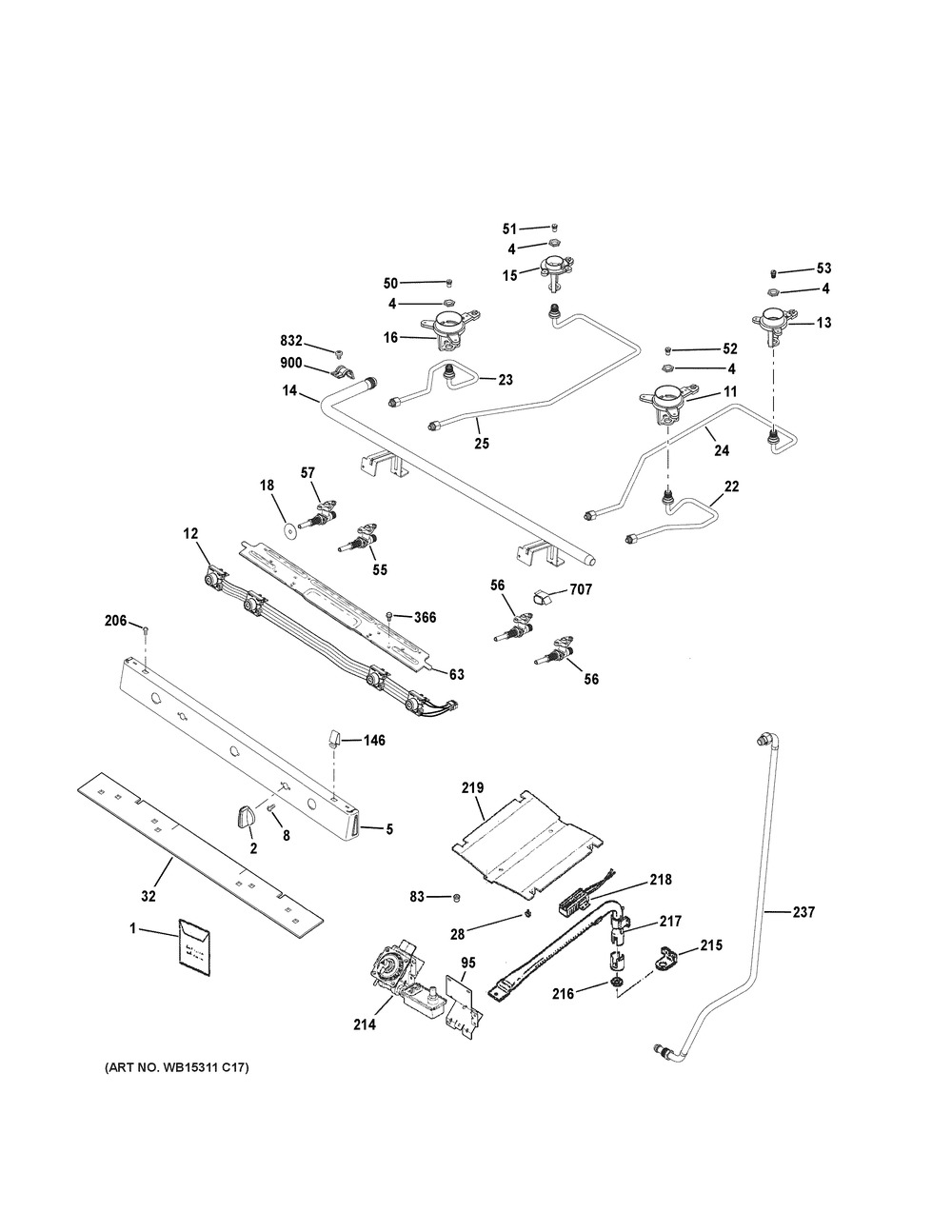 Gas And Burner Parts Diagram and Parts List for JGBS62REK2SS  General Electric Range