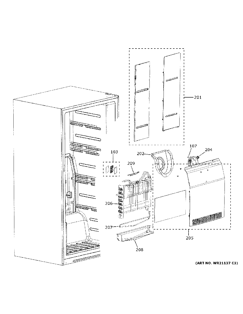 Freezer Section Diagram and Parts List for FUF17QRRAWW  General Electric Freezer