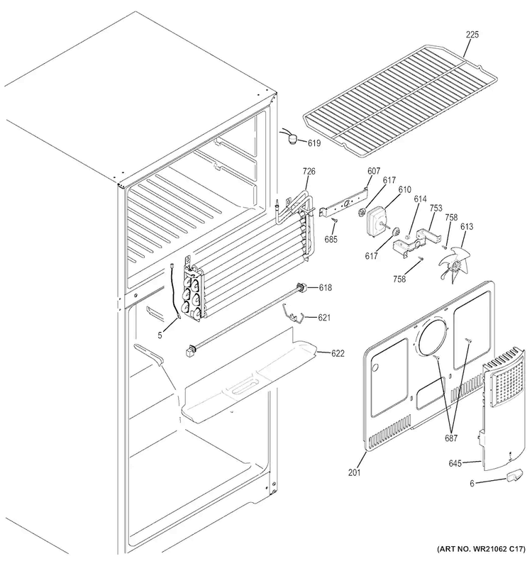 Freezer Section Diagram and Parts List for GIE18CTHERBB  General Electric Refrigerator